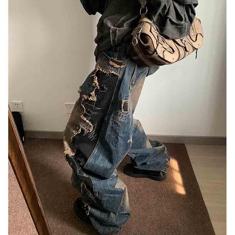 BXCNCKD Women's Retro Washed Patchwork Fringed Jeans with Spicy Style and Loose Wide Leg Pants3