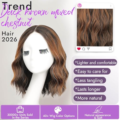 Image of Eawwii Wigs for Women Dark Brown Chestnut,Short Wavy Synthetic Lace Wig | Glueless 4x1 Lace Hairline, Heat-Resistant Fiber,Bob Wave Style,Natural Appearance for Everyday Cosplay 14 Inch
