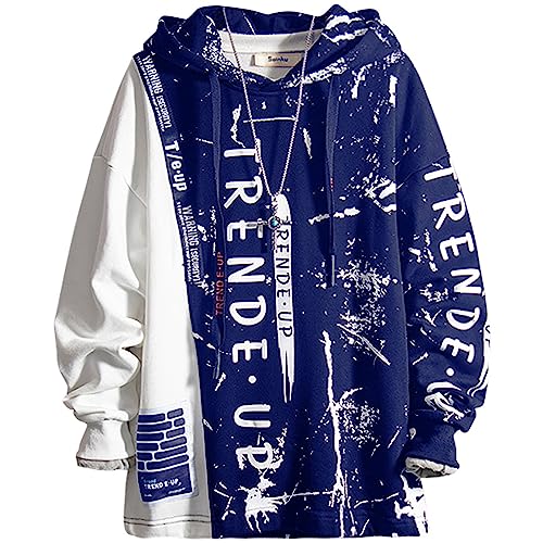 Covisoty Men's Hoodie Techwear Hip Hop Urban Streetwear Hoodies Print Patchwork Long Sleeve Pullover Japanese Sweatshirt Autumn Winter Blue L