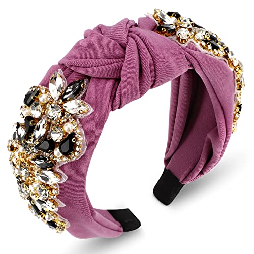Crystal Wide Headbands For Women, Color You Bejeweled Headband Rhinestone Knotted Headband, Vintage Beaded Headbands Handmade Elastic Headbands for Girls Women Mothers Day Gifts(Pink)