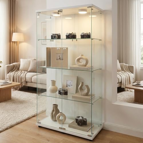 Glass Display Cabinet with LED Lighting, White, 80.5 x 36.5 x 165...