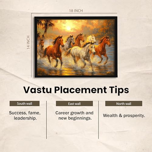 Image of 7 Running Horses Vastu Framed Wall Art Painting for living Room| Seven Horse Painting With Frame Symbol of Success & Positive Energy Wall Art for Living Room & Office, 14x18 Inch