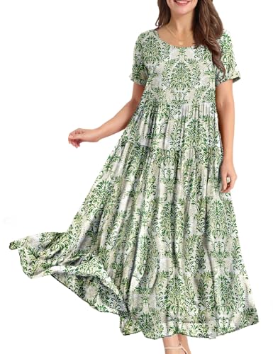 Image of YESNO Women Casual Loose Bohemian Floral Dress with Pockets Short Sleeve Long Maxi Summer Beach Swing Dress EJF