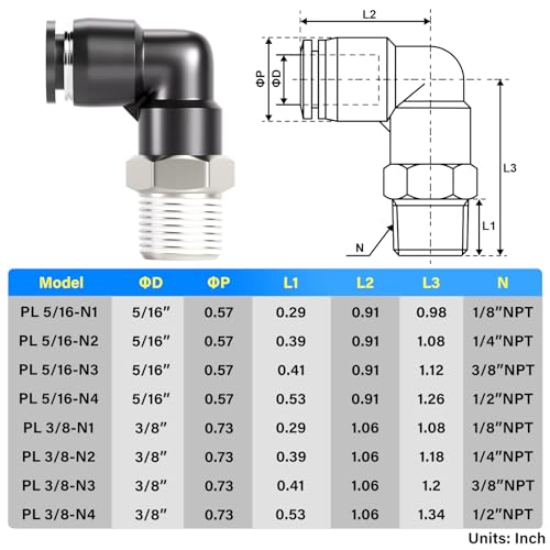 Tailonz Pneumatic PL3/8-N3 5PCS Male Elbow 3/8 Inch Tube Od X 3/8 Inch Npt Thread 90 Push To Connect Fittings Pl-3/8-N3 thumb #1