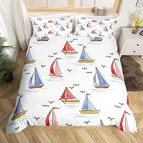 Sailboat Bedding Set Seagull Comforter Cover for Kids Boys Girls Teens Nautical Duvet Cover Ocean Marined Breathable Bedding & Linen Summer Holiday Bedding & Linen Double Size