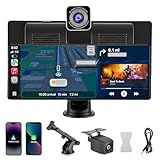 10.26" Wireless Carplay Screen for Car with 4K Dash Cam & 1080p Rear Camera, Portable Android Auto Stereo, 64GB SD Card, Loop Recording, Reverse Assist, Plug & Play
