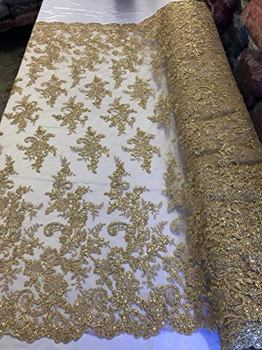 Embroided Floral Lace Shiny Fabric with Sequins - Gold - Beautiful Embroided Lace Mesh Dress Fabrics Sold by The Yard