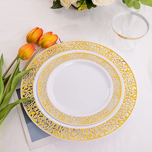 Supernal 100Pcs Gold Plastic Plates, 10.25" Plastic Dinner Plates, White Plastic Plates With Gold Rim,Gold Lace Plates,Gold Plastic Plates For Weddings Celebrations And Parties #TOP5