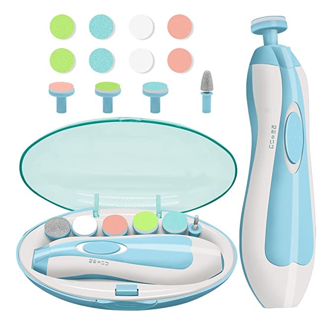 ATETO Baby Nail Trimmer Electric Nail File Set - Safe Baby Nail Clippers with Light, 10 Replacement Heads 8 Sandpapers Kit for Newborn Infant Toddler or Adults Toes Care, Polish and Trim(Blue)-image-17