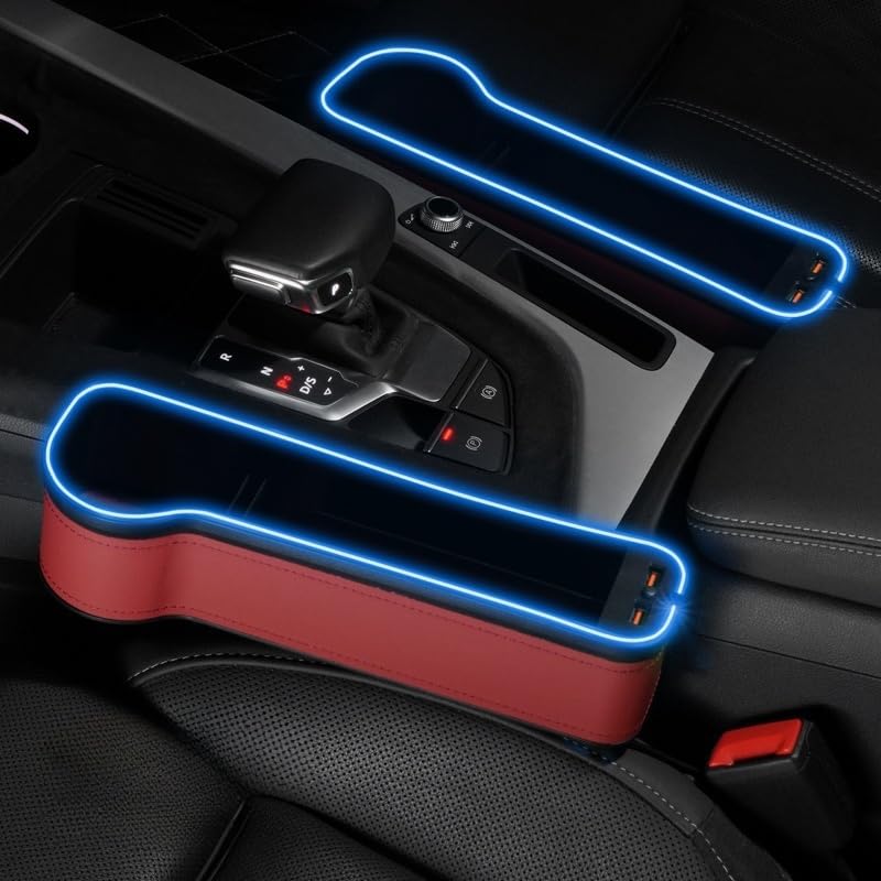 7 Color LED car seat Gap Fill Storage Box 2 Packs with Dual USB Quick-Charge Cup Holder + Car Charger Storage Box Front seat Pocket Organizer (red)