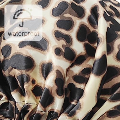 Reusable Shower Cap for Women, Large Waterproof Shower Essentials Bonnet Washable Elastic Band Bath Hair Wrap Hat for Long Hair, Braids(Leopard) - Thumbnail 6