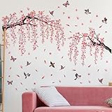Large Cherry Blossom Tree Wall Stickers Spring Wall Decals Pink Flower Bird Butterflies Peel and Stick Wall Decor for Living Room Office Bedroom