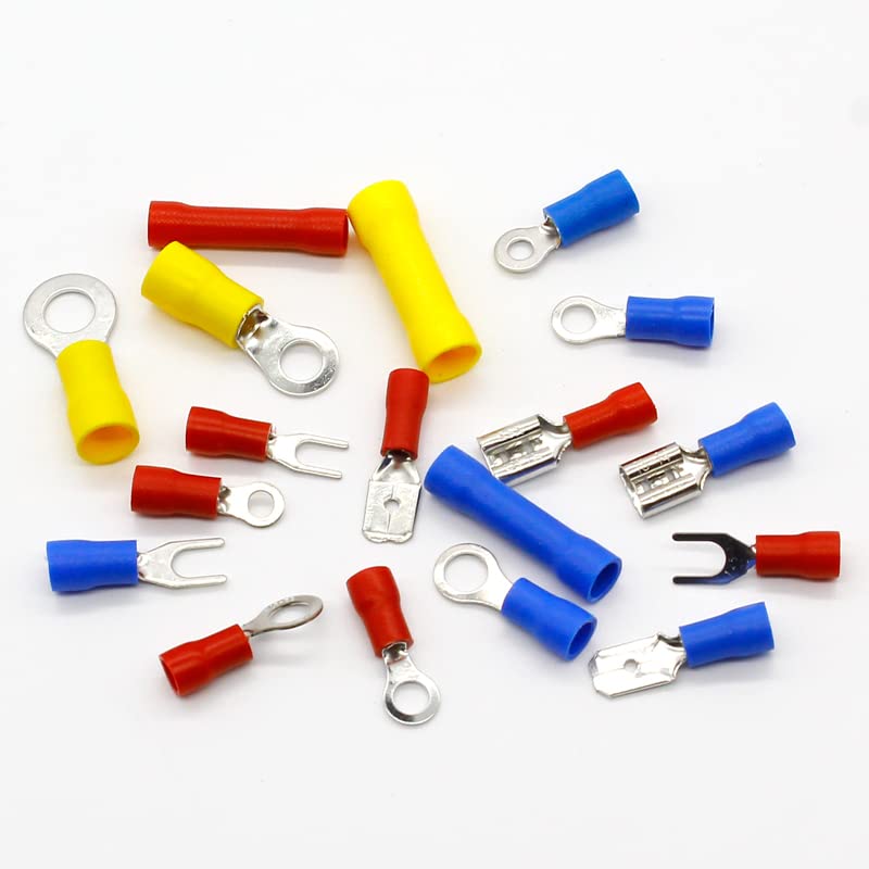 Kit di terminali a crimpare per cavi elettrici da 300 pezzi, connettori a forcella con terminazione isolata, rosso, giallo e blu, set di terminali assortiti.