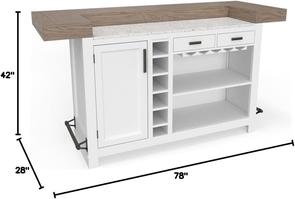 Pemberly Row Modern Wood Bar, 78 in Wide, Quartz Insert Top, White and Natural Finish, Poplar Solids and Birch Veneers, Seating for 5, Storage Shelves and Drawers, Burnished Bronze Accents for Home