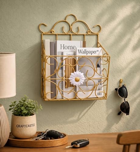 Image of Woodiva Wrought Iron Modern Elegance Magazine Newspaper & Book Wall Rack for Home & Office, 38x28x11cm. (Golden)