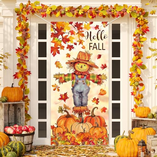 JarThenaAMCS Fall Door Banner Cover Scarecrow Pumpkin Leaves Hanging Banner Autumn Photo...