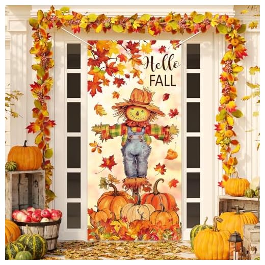 JarThenaAMCS Fall Door Banner Cover Scarecrow Pumpkin Leaves Hanging Banner Autumn Photo Background for Thanksgiving Party Home School Classroom Supplies, 31.5 x 67 Inch