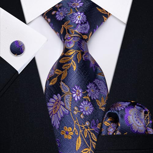Image of YourTies Silk Paisley Floral Tie and Pocket Square Cufflinks with Lapel Pin Sets for Men 5PC Wedding Party