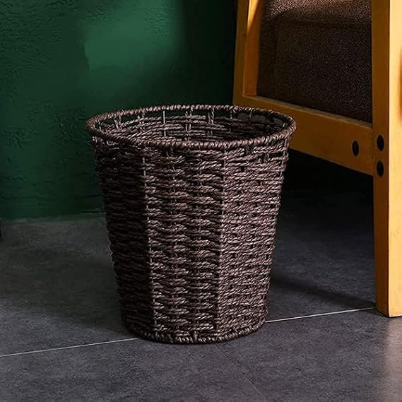 Zuvo Round Wicker Waste Basket Paper Bin - Wicker Trash Basket - Woven Trash Can Rubbish Basket for Bedroom, Bathroom, Offices or Home (Brown)