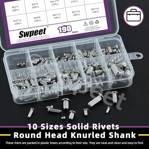 Swpeet 190Pcs M2 M2.5 M3 M4 M5 Solid 304 Stainless Steel Brazier Head Rivets Assortment Kit, Half Round Head Solid Knurled Rivets, Aluminum Rivet Solid Rivets for Repairing Boat, Aircraft
