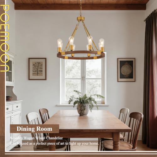 Image of Gold Wooden Wagon Wheel Chandelier 8-Light 23.6 inch Light Fixture