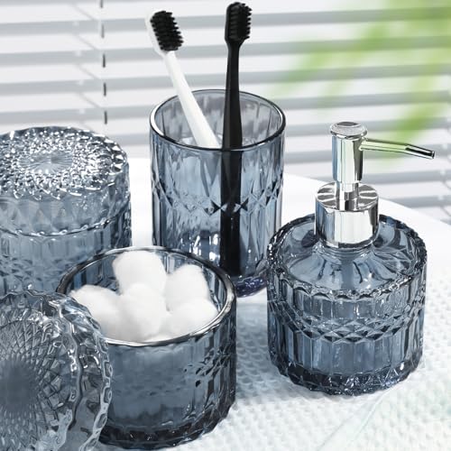 Blue Bathroom Accessories 4Pcs, Diamond Glass Bathroom Accessory Set, Bathroom Set with Soap Dispenser, Blue Bathroom Decor with Toothbrush Holder, Qtip Holder for Bathroom, Countertop - Image 8