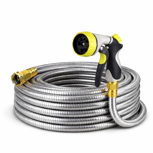 Holldoor Metal Garden Hose 25 ft 304 Stainless Steel Water Hose with Nozzle Sprayer Garden Hoses Flexible Lightweight No Kink Heavy Duty for Outdoor (25 ft)