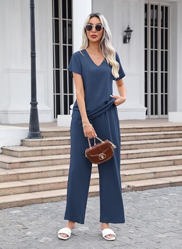 Andeip Womens Pajama Sets Short Sleeve Top and Long Pants Loungewear 2 Piece Lounge Set4