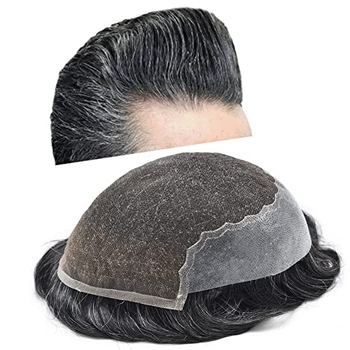 Healthlif Mens Toupee Natural Hairline Swiss Lace Toupee Remy Human Hair Piece For Men Bleached Knots Mens Hair Replacement System Toupee 7X9#1B20#1B Off Black+20% Grey 120% Density