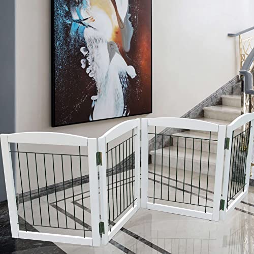 Zjsf Freestanding Foldable Dog Gate For House Extra Wide Wooden White Puppy Gate Stairs Dog Gates Doorways Tall Pet Gate 4 Panels Fence 80‘’W X 24''H #TOP2