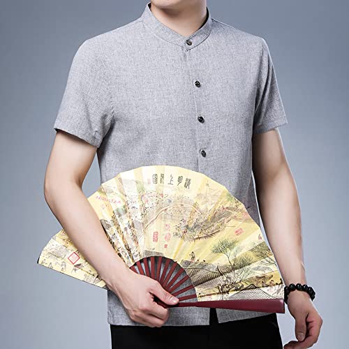 Chemise col montant en coton lin gris clair H3TF5J pour hommes d'été