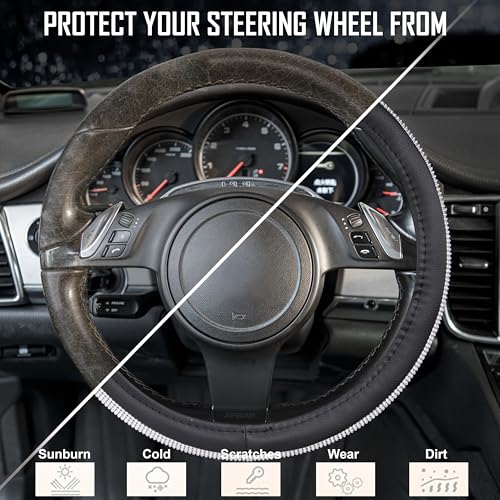 Image of CAR PASS Bling Silver Diamond Leather Steering Wheel Cover, with Sparkly Crystal Glitter Rhinestone Universal Fit 13 inch 1 /2-14 inch Small Car Wheel Protector for Women Girl Fit Car,SUV,Van,Sedan, Silver