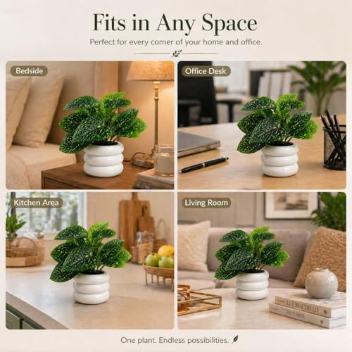 Image of Set of 2 Artificial Plants with Ceramic Pots for Home Decor - Faux Greenery Decor for Small Spaces, Bathroom, Table Top - Realistic Plastic Mini Plants for Gifting & Office Decoration
