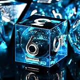AUSTOR Liquid Core DND Dice Set, 7-Die Sharp Edge Polyhedral Dice Quicksand Handmade Resin Dices for Dungeons and Dragons RPG MTG Table Games, Blue & Black, Silver