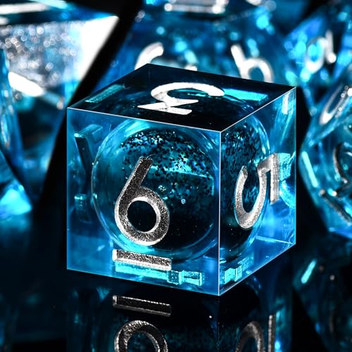 AUSTOR Liquid Core DND Dice Set, 7-Die Sharp Edge Polyhedral Dice Quicksand Handmade Resin Dices for Dungeons and Dragons RPG MTG Table Games, Blue & Black, Silver