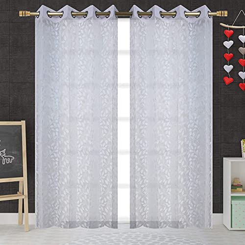 Image of Honger Polyester Floral Beautiful Leaves Design Tissue Net White Curtains Pack of 2 Pecs for 4 x 7 Feet Door Curtains