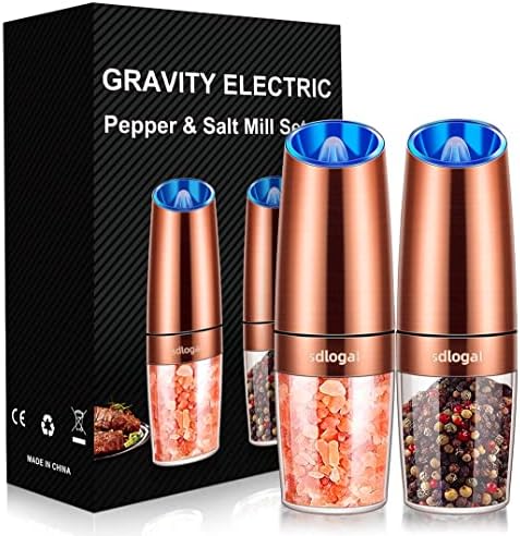 sdlogal Salt and Pepper Mill Electric (Copper, 2 Pieces), Gravity Automatic Operation Spice Mills with LED Light, Adjustable Coarse Mechanism, Battery Operated, Salt Mill for Home, Kitchen