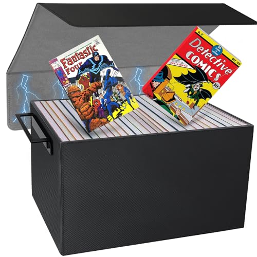 Comic Book Storage Box,PU Leather Comic Bin Holds 155 Comic Book with Handles,Stackable Moistureproof Comic Short Box Book Organizer Storage for Comic Collectors
