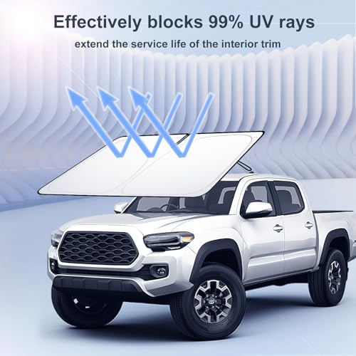 Image of Windshield Sun Shade for 2016-2023 Toyota Tacoma Accessories| Front Window Sun Visor| 310T Reflective Polyester| UV Heat Insulation Protection| Foldable Sunshade with Storage Pouch| Outdoor Camping