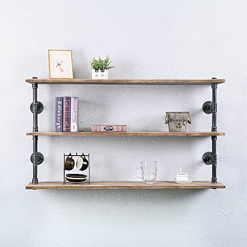 Jianzhuo Industrial Pipe Shelf Real Wood Floating Shelves,Rustic 3 Tier Wall Shelf Bar Pipe Shelving,Steampunk Pipe Shelves Wall Mounted,Metal Bookshelf Kitchen Wall Shelves(48In) #TOP1