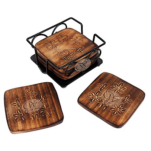 Wood Art Store Handmade Wooden Mango Wood Tea, Coffee Coaster Set with Wrought Iron Holder Decorative Holder (Square) | Tabletop | Dining Table | Gift Item (Squre)