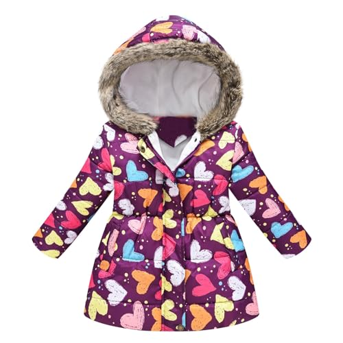 Girls Long Parka Winter Coat Kids Toddler Cute Printed Faux Fur Collar Hooded Fleece Lined Warm Puffer Jacket Outwear