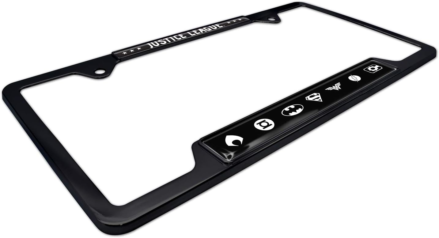 Elektroplate Officially Licensed - DC Comics Justice League White and Black All-Metal Open Corner Superhero License Plate Frame Tag Holder for Cars/SUVs/Trucks Weather-Proof Automotive Accessory
