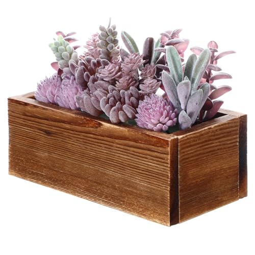 Solsew Assorted Artificial Succulent Arrangement Plants in Rustic Burnt Wood Rectangular Planter Box Faux Succulent Centerpiece for Table Home Garden Windowsill Greenery Decor(Purple,Dream Style)