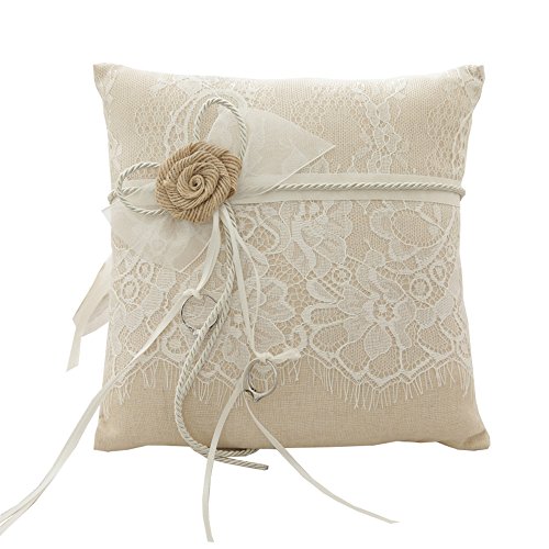 Tangser Rring Bearer Pillow, Wedding Ring Pillow For Ceremony, Personalize Wedding Rings Holders With Beautiful Lace & Flower 8.2" X 8.2" #TOP6