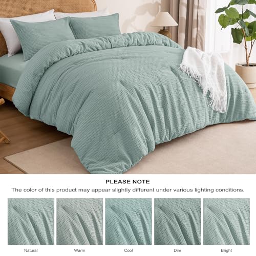 Image of PHF Soft Waffle Comforter Set Queen Size- Comfy Breathable Waffle Weave Comforter with 2 Pillow Shams, 3 Pieces Less Snagging Lightweight Textured Bedding Set for All Season, Dusty Blue