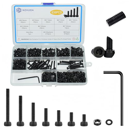 WZHUIDA 630 Stück M3 Schrauben Set, Schwarz Metrisch Zylinderkopfschrauben Innensechskant Schrauben Muttern und Unterlegscheiben Sortiment Set, Gewindemaschinen Sechskantschrauben