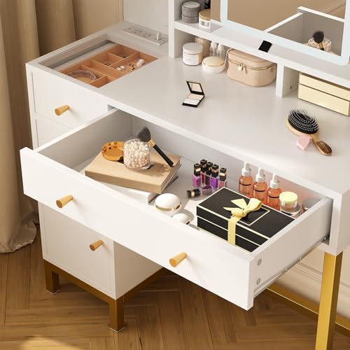 GAOMON 43.7'' White Vanity Desk Table with Lighted Mirror & Power Outlet, 3 Lighting Modes, Brightness Adjustable Vanity Table Makeup Vanity for Bedroom Dressing Room
