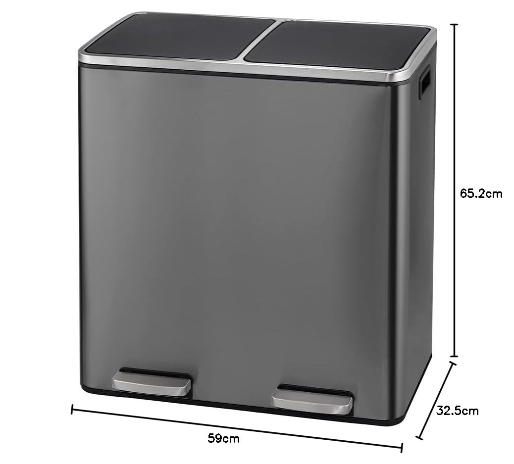 Panana Poubelle 60 L (2 x 30 litres), Système de Tri Sélectif de Cuisine - Poubelle à Pédale en Métal à Fermeture Douce avec Couvercle Hermétique pour Cuisine (Gris)