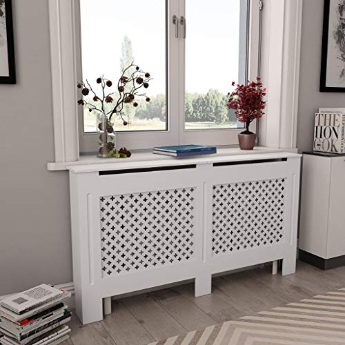 INLIFE Radiator Cover MDF with Matt Finished Slatted Design Heating Cabinet Smooth Top for Living Room Bedroom Furniture Decor 59.8\"x7.5\"x32.1\" Grid